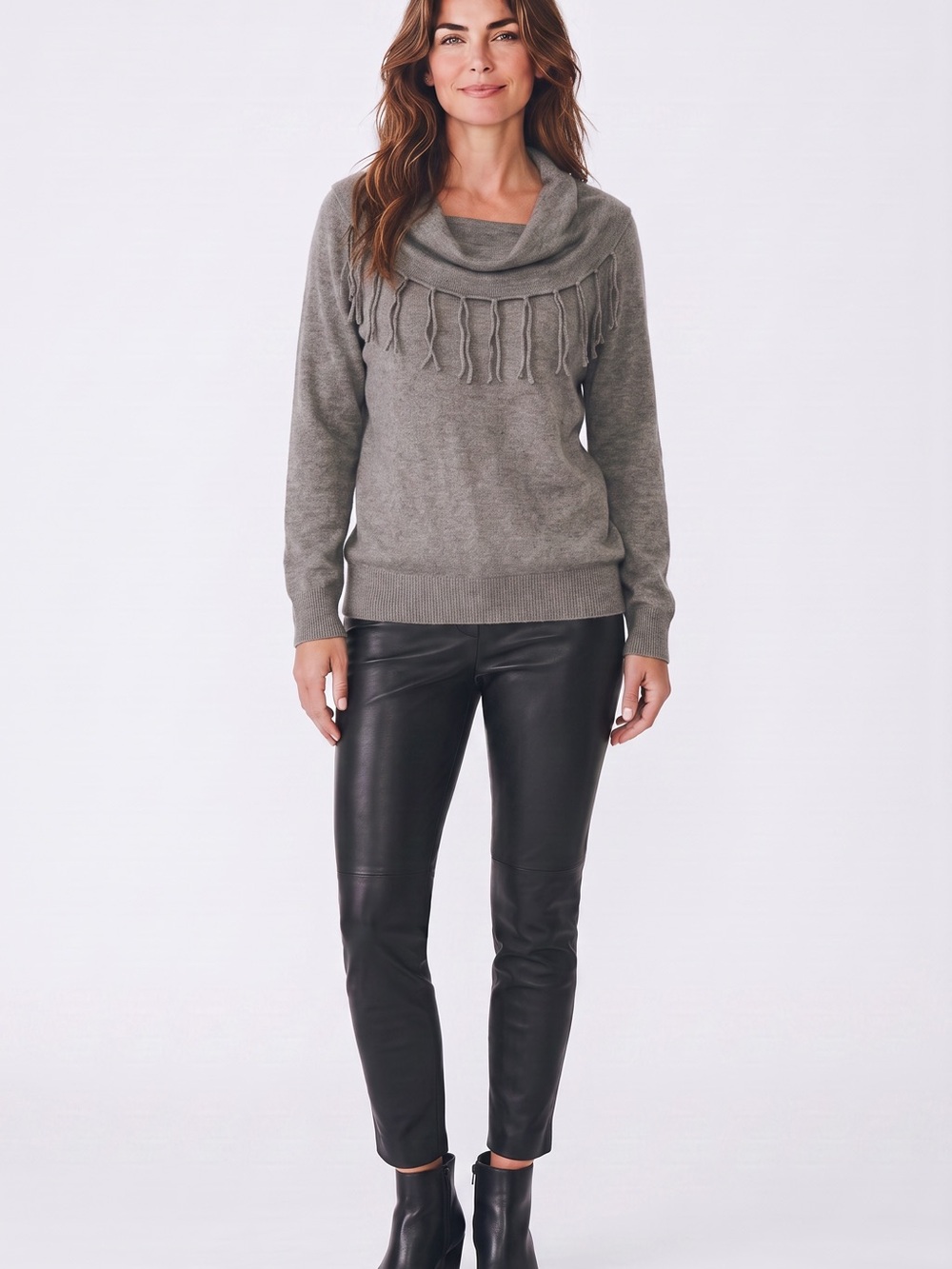 Notations Gray Fringe Cowl Neck Sweater